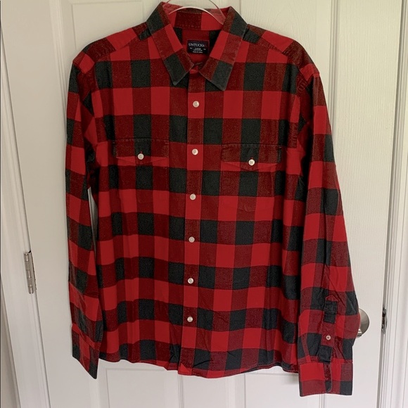 Mens Untuck It red and gray buffalo plaid flannel button down shirt size large - Picture 1 of 7